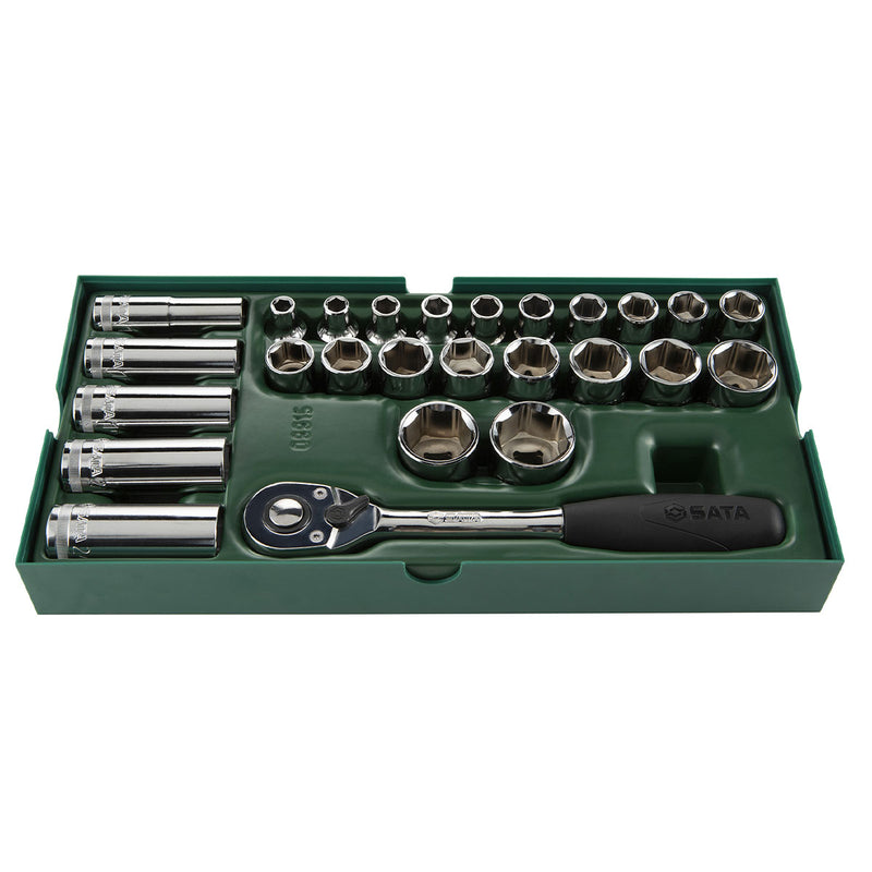 Bộ khay đầu tuýp và cần siết tự động 26 chi tiết SATA 09915 cốt 1/2 inch