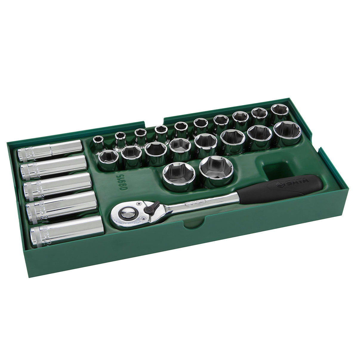 Bộ khay đầu tuýp và cần siết tự động 26 chi tiết SATA 09915 cốt 1/2 inch, thép Cr-V, mạ Chrome, 6 cạnh.