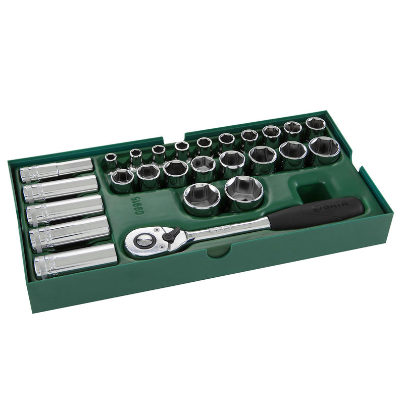Bộ khay đầu tuýp và cần siết tự động 26 chi tiết SATA 09915 cốt 1/2 inch, thép Cr-V, mạ Chrome, 6 cạnh.