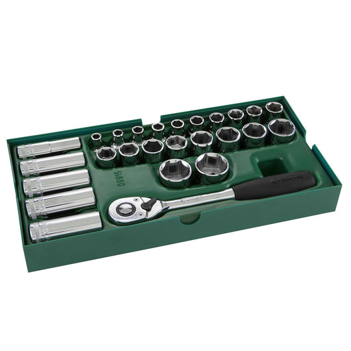 Bộ khay đầu tuýp và cần siết tự động 26 chi tiết SATA 09915 cốt 1/2 inch, thép Cr-V, mạ Chrome, 6 cạnh.