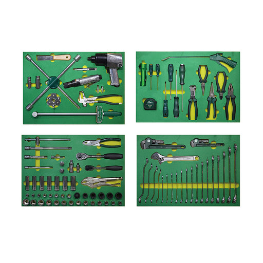 Bộ 4 khay dụng cụ tổng hợp 94 chi tiết SATA 09920, chuyên thay thế lốp xe, thép Cr-V, khay EVA, quản lý 5S, cho gara ô tô chuyên nghiệp.