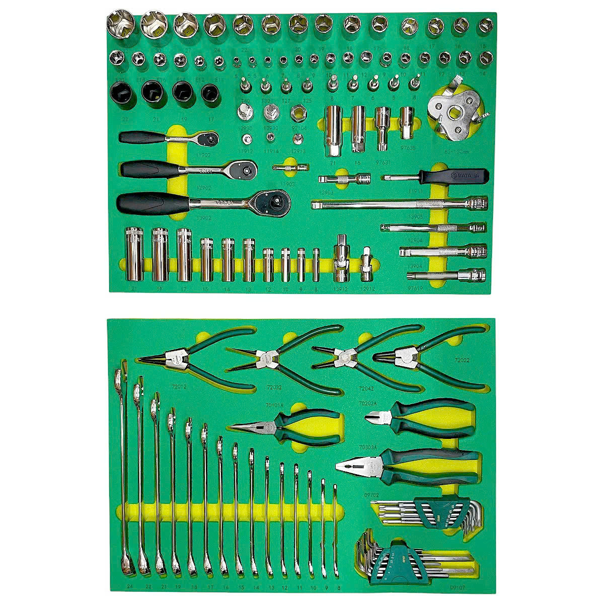 Bộ 2 khay dụng cụ SATA 09922: 121 chi tiết bảo trì xe ô tô, thép Cr-V, khay EVA, 5S.