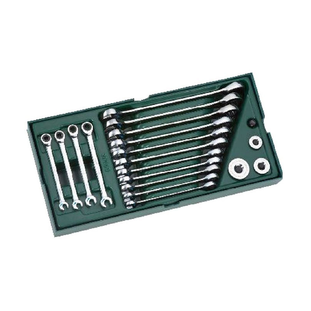 Bộ khay cờ lê vòng miệng tự động, kèm đầu chuyển cốt 19 chi tiết SATA 09925A kích thước từ 5.5mm - 19mm