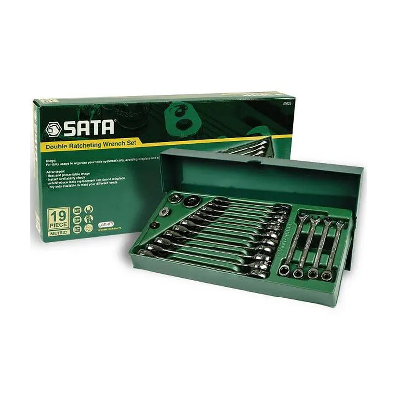 Bộ khay cờ lê vòng miệng tự động, kèm đầu chuyển cốt 19 chi tiết SATA 09925A kích thước từ 5.5mm - 19mm