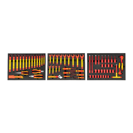 Bộ 3 khay dụng cụ cách điện 1000V SATA 68 chi tiết cho xe điện, pin cao áp, tủ điện, VDE, IEC/EN 60900