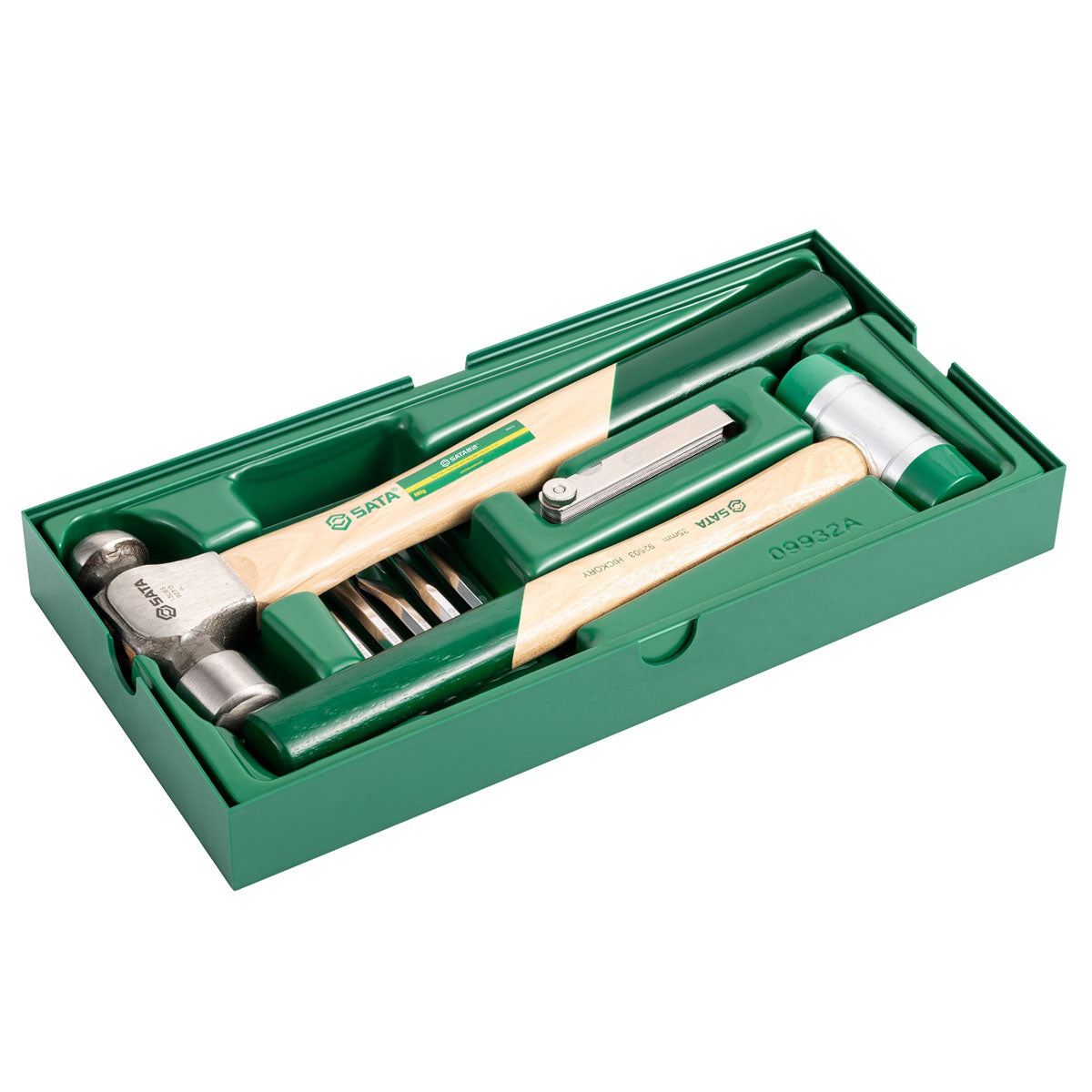 Bộ khay dụng cụ đục, gọt 4 chi tiết SATA 09932A: Búa đầu bi, búa nhựa, mũi đục, thước đo dày 32 chi tiết.
