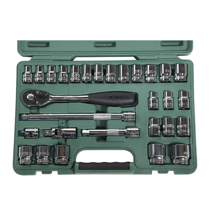 Bộ đầu tuýp, kèm cần siết tự động 34 chi tiết SATA 09945 cốt 1/2 inch
