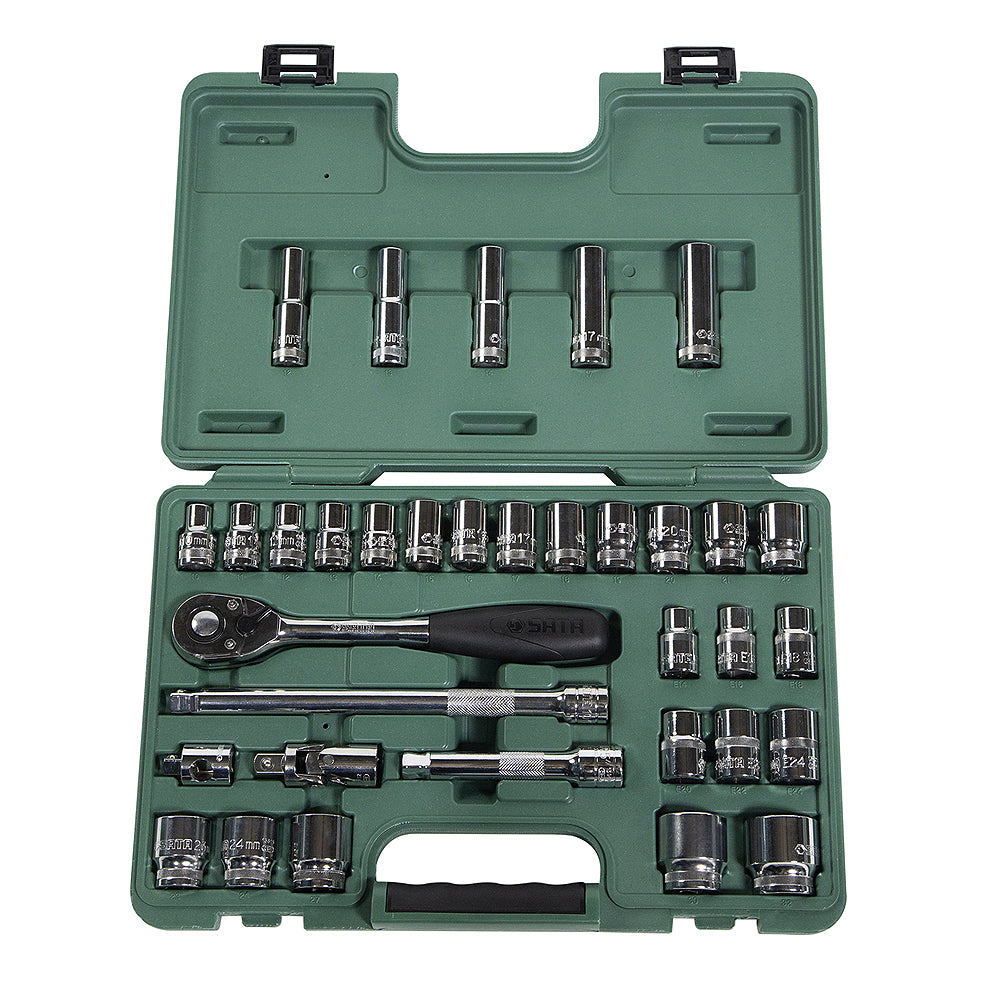 Bộ đầu tuýp, kèm cần siết tự động 34 chi tiết SATA 09945 cốt 1/2 inch