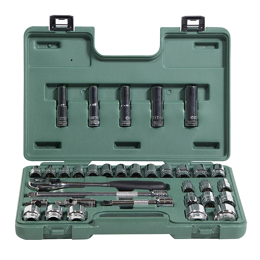 Bộ đầu tuýp, kèm cần siết tự động 34 chi tiết SATA 09945 cốt 1/2 inch