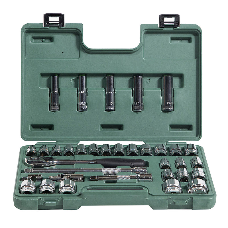 Bộ đầu tuýp, kèm cần siết tự động 34 chi tiết SATA 09945 cốt 1/2 inch