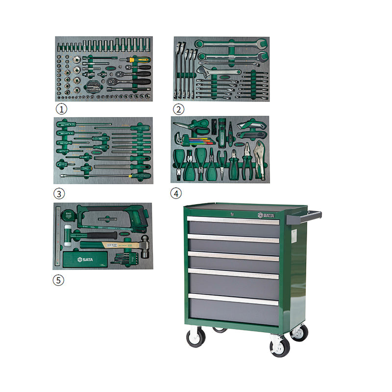 Bộ 5 khay dụng cụ tổng hợp, kèm tủ 5 ngăn kéo 176 chi tiết SATA 09951