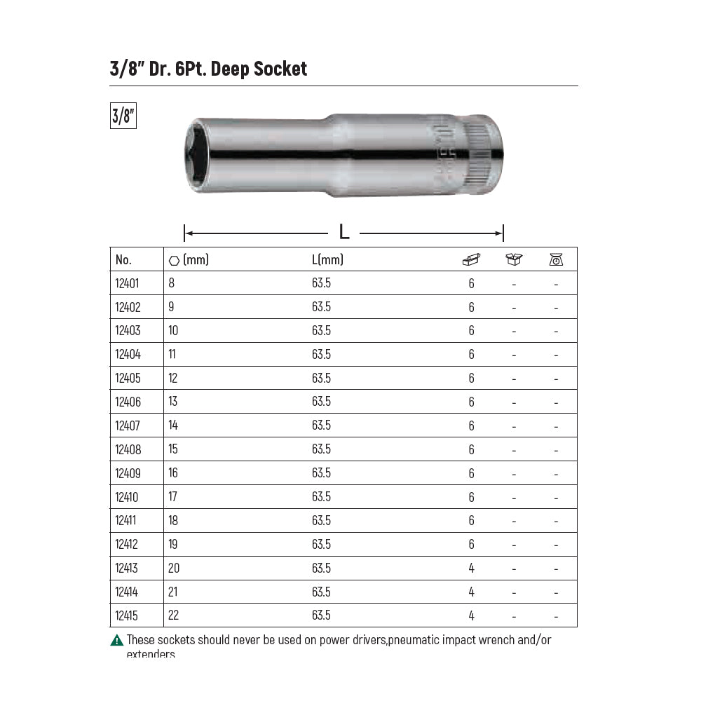 Đầu tuýp 6 cạnh SATA cốt 3/8 inch, kích thước từ 8mm - 22mm, dài 63.5mm