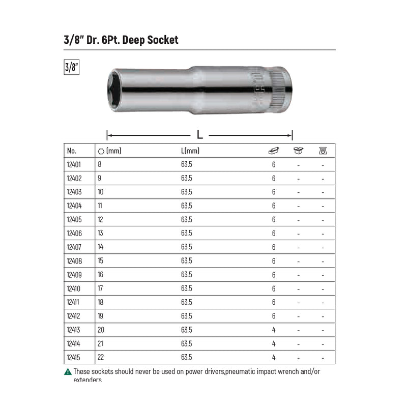 Đầu tuýp 6 cạnh SATA cốt 3/8 inch, kích thước từ 8mm - 22mm, dài 63.5mm