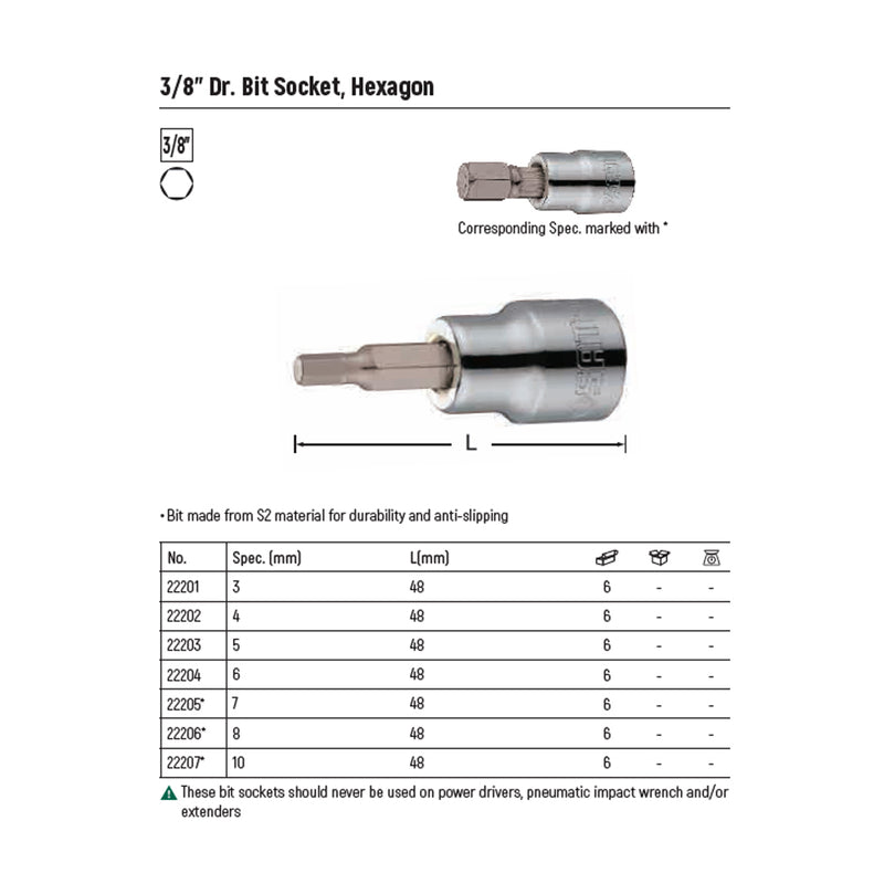 Mũi vặn vít đầu lục giác, gắn đầu siết bu lông, cốt 3/8 inch SATA kích thước từ 3mm - 10mm