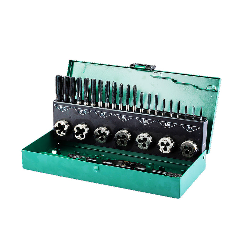 Bộ taro ren SATA 50452 32 chi tiết M3-M12, HSS mài toàn phần, ren thô hệ mét, mũi taro ren trong ngoài, tay quay, thước đo bước ren.