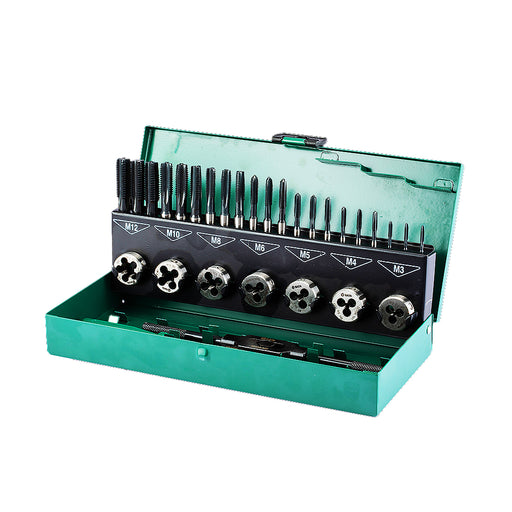 Bộ taro ren SATA 50452 32 chi tiết M3-M12, HSS mài toàn phần, ren thô hệ mét, mũi taro ren trong ngoài, tay quay, thước đo bước ren.