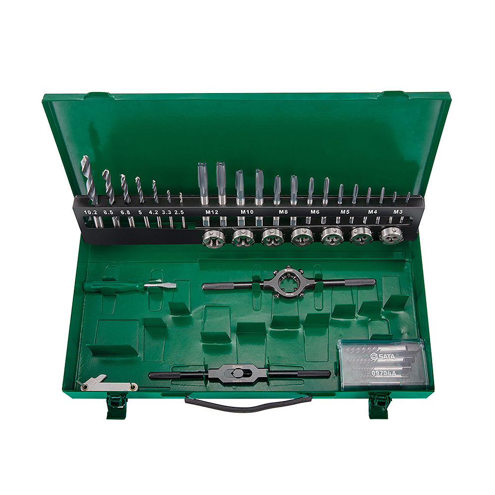 Bộ mũi khoan kim loại HSS, kèm mũi taro ren thô và bàn ren 37 chi tiết SATA 50455