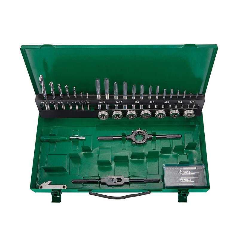 Bộ mũi khoan kim loại HSS, kèm mũi taro ren thô và bàn ren 37 chi tiết SATA 50455