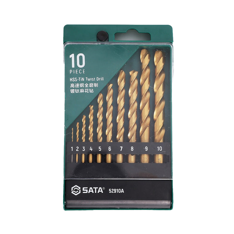 Bộ 10 mũi khoan HHS mạ Titan thân xoắn đuôi trơn SATA 52910A, Thép M15 (từ 1mm - 10mm)
