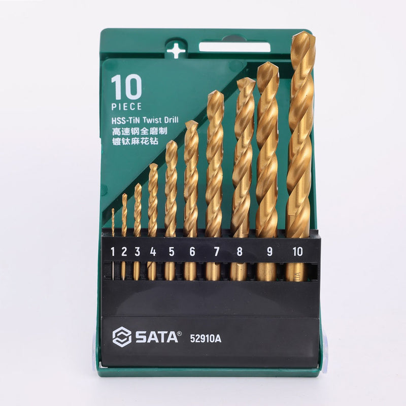 Bộ 10 mũi khoan HHS mạ Titan thân xoắn đuôi trơn SATA 52910A, Thép M15 (từ 1mm - 10mm)