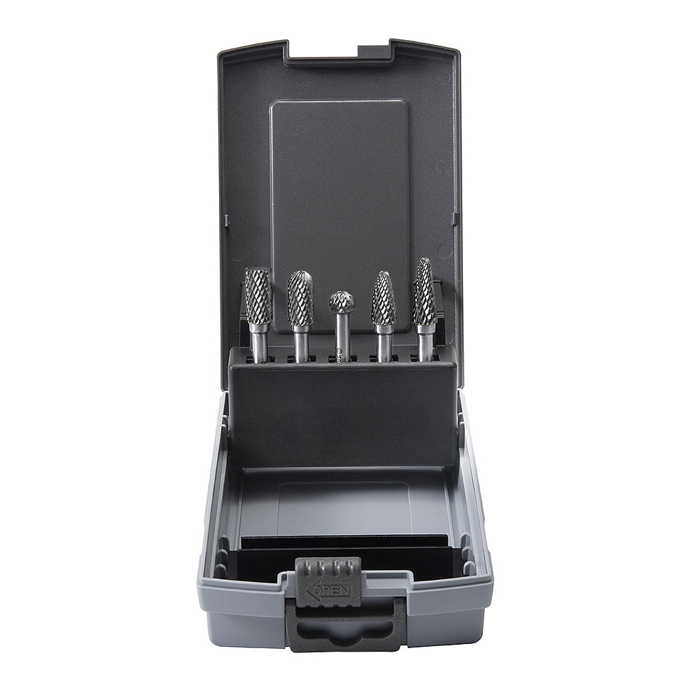 Bộ 5 mũi mài hợp kim SATA 53702 răng thô, gia công kim loại hiệu quả.