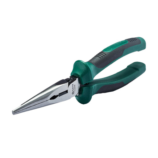Kìm mũi nhọn có trợ lực SATA dài 150-205mm, thép Cr-V, lưỡi cắt gia công nhiệt, tay cầm TPR chống trượt.