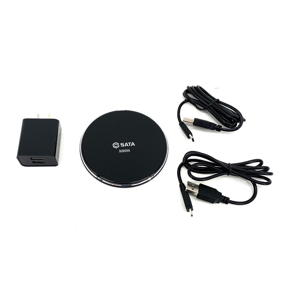 Bộ sạc không dây đa năng SATA 90609A với đế sạc Qi, 2 cổng USB, cáp Type-C/Micro USB cho đèn SATA và điện thoại.