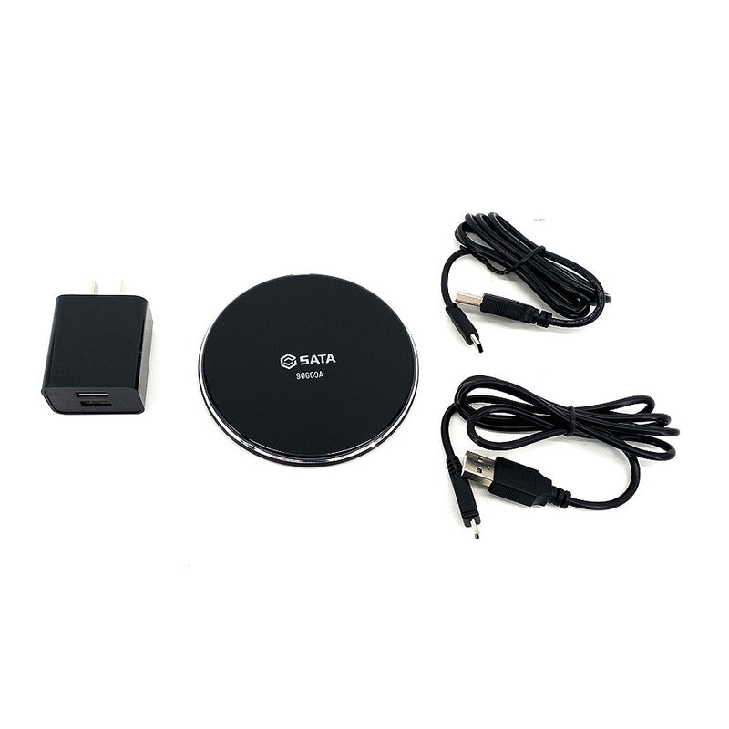 Bộ sạc không dây đa năng SATA 90609A với đế sạc Qi, 2 cổng USB, cáp Type-C/Micro USB cho đèn SATA và điện thoại.