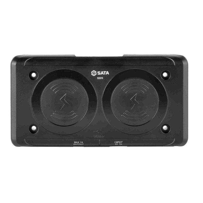 Đế sạc đôi không dây SATA 90610, sạc 2 thiết bị Qi cùng lúc, 10W tổng công suất, USB-C, tương thích đèn làm việc SATA và điện thoại.