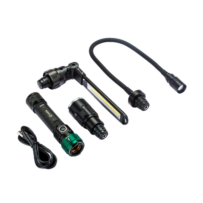 Đèn pin đa năng 3 trong 1 SATA 90736: đầu zoom 320 Lumens, đèn COB 360° 350 Lumens, cổ ngỗng 180 Lumens, sạc USB, chiếu xa 140m.