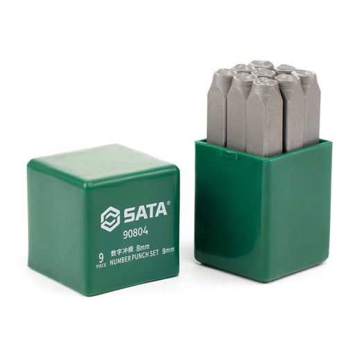 Bộ đục số 9 chi tiết SATA 90804, mũi đục 8mm, font chữ artistic, độ cứng cao, chống gỉ, đục kim loại sắc nét.