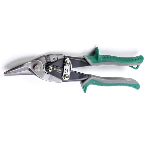 Kéo cắt tôn mũi cong phải SATA 93102 255mm, thép Cr-V, tay cầm TPR chống trượt, cắt kim loại tấm chuyên dụng