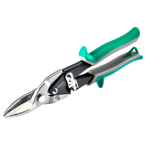 Kéo cắt tôn SATA 93103 thẳng 255mm, lưỡi Cr-Mo sắc bén, tay cầm TPR chống trượt.