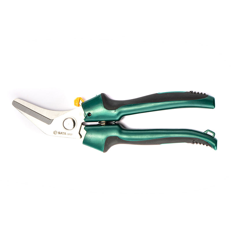 Kéo cắt đa năng mũi cong SATA 93107 203mm: cắt dây đồng, cáp điện, da, bìa cứng, nhôm mỏng.