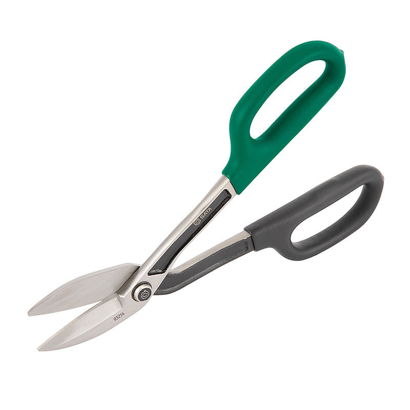 Kéo cắt tôn SATA 93214 285mm Bent Snip, cắt cong kim loại tấm, thép Cr-V, tay cầm lệch an toàn.