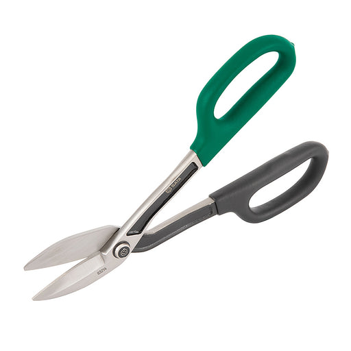 Kéo cắt tôn SATA 93214 285mm Bent Snip, cắt cong kim loại tấm, thép Cr-V, tay cầm lệch an toàn.