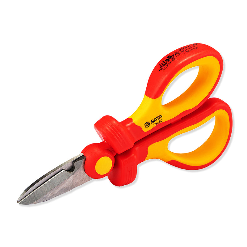 Kéo cắt cách điện SATA 93450 160mm VDE, lưỡi thép hợp kim, tay cầm chống trượt, an toàn 1000V.