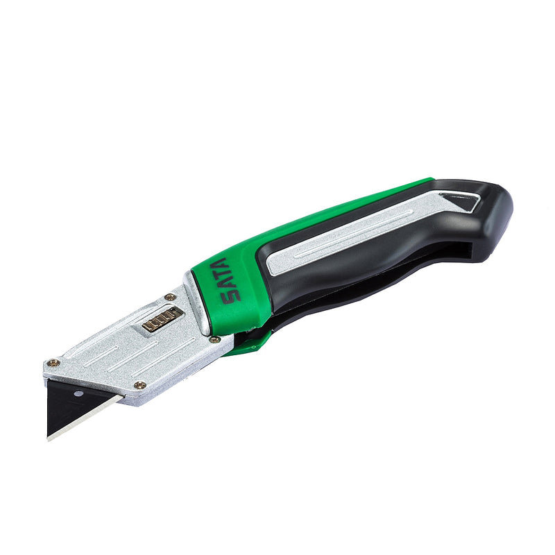 Dao rọc đa năng gấp gọn SATA 93486 lưỡi 19mm, thân hợp kim kẽm, tay cầm cao su chống trượt