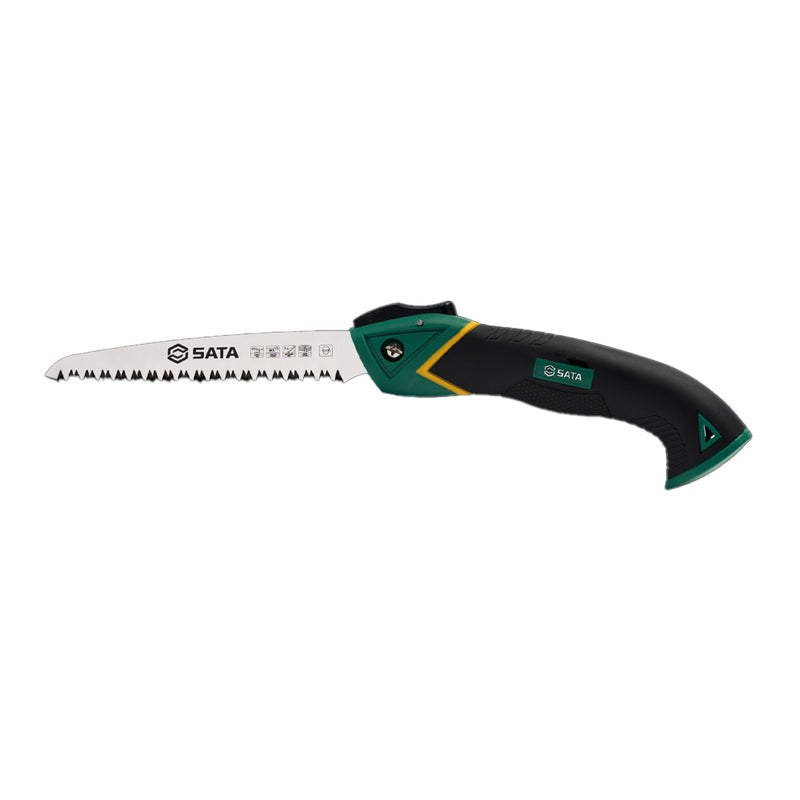 Cưa gỗ gấp SATA lưỡi thép SK5 150-228mm, tay cầm bọc cao su chống trượt.