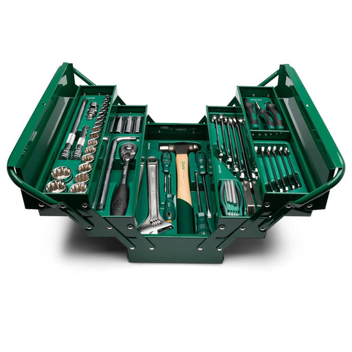 Bộ dụng cụ cơ khí 70 chi tiết SATA 95104A-70 kèm thùng xếp 5 ngăn, bao gồm tuýp, cờ lê, kìm, tua vít, búa, lục giác, thước lá - Dụng cụ sửa chữa đa năng, chất lượng cao.