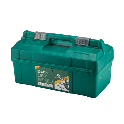 Thùng nhựa đựng dụng cụ 3 ngăn SATA 95166 màu xanh lá, kích thước 17 inch, bền bỉ, chống va đập, khóa kép an toàn.