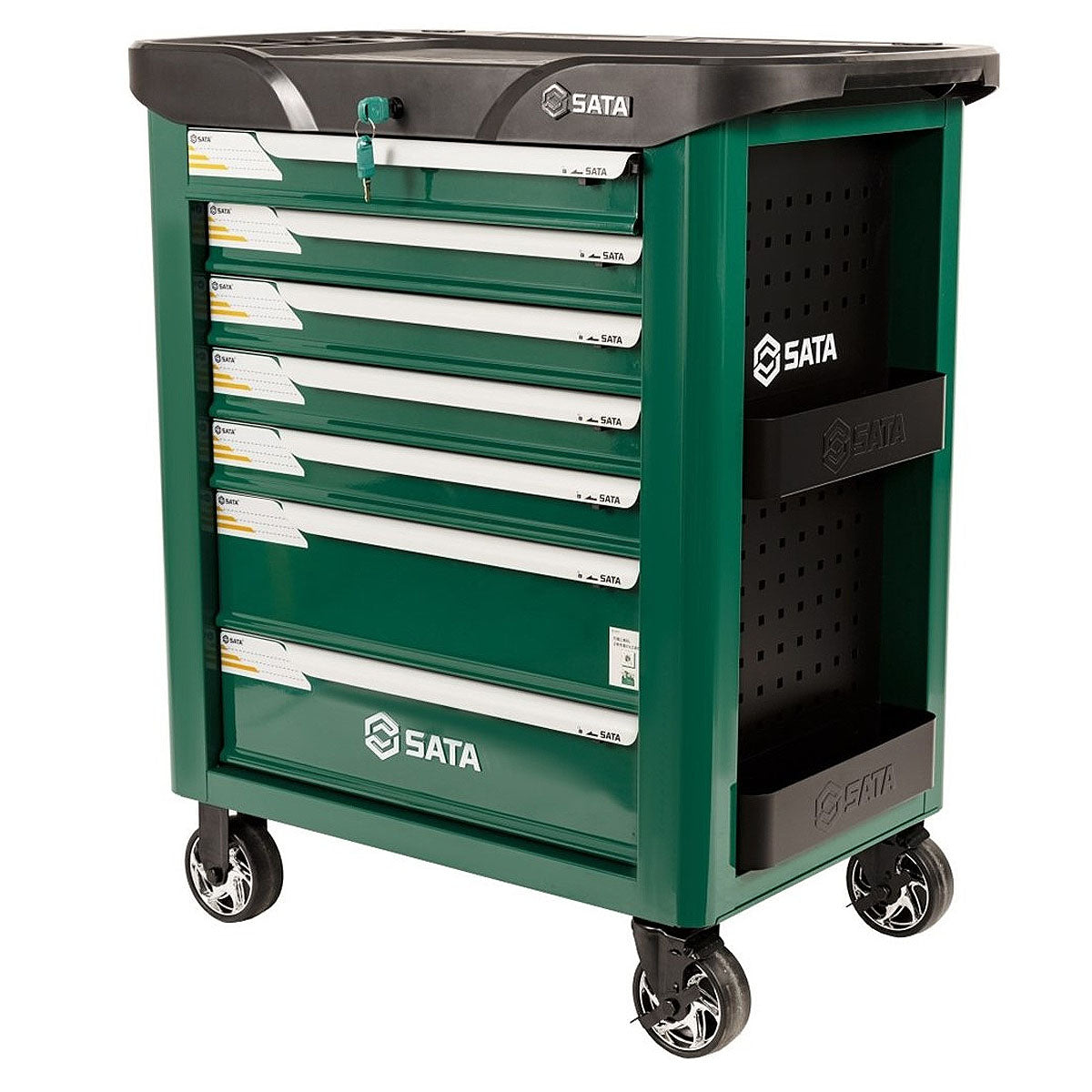 Tủ dụng cụ 7 ngăn SATA 95207 màu xanh lá, kích thước 805x490x1000mm, tải trọng 300kg, bánh xe chịu tải nặng, khóa trung tâm.