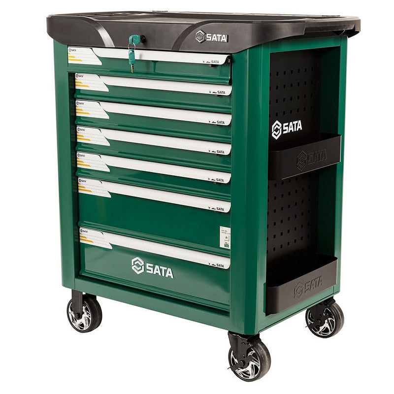 Tủ dụng cụ 7 ngăn SATA 95207 màu xanh lá, kích thước 805x490x1000mm, tải trọng 300kg, bánh xe chịu tải nặng, khóa trung tâm.