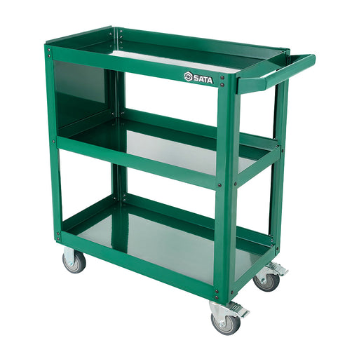 Xe đẩy dụng cụ 3 tầng SATA 95222A màu xanh lá, tải trọng 150kg, thép dày 1.2mm, bánh xe 5 inch có khóa.