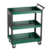 Xe đẩy dụng cụ 3 tầng SATA 95222B màu xanh lá, tải trọng 80kg, thép carbon, bánh xe PU có khóa, có bảng treo dụng cụ.