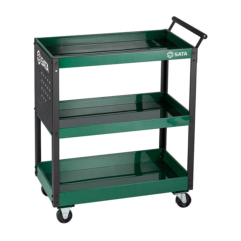 Xe đẩy dụng cụ 3 tầng SATA 95222B màu xanh lá, tải trọng 80kg, thép carbon, bánh xe PU có khóa, có bảng treo dụng cụ.