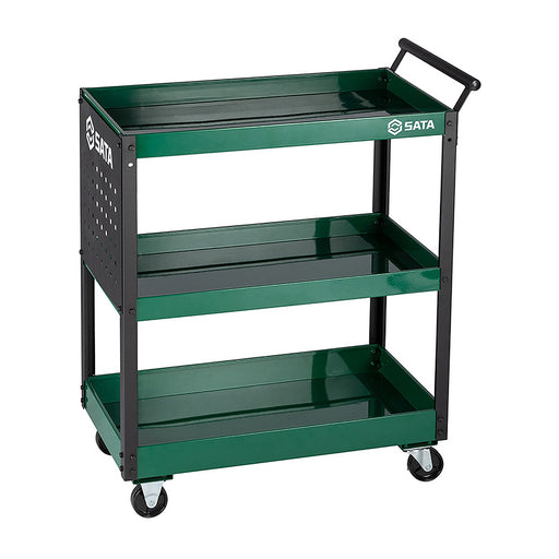Xe đẩy dụng cụ 3 tầng SATA 95222B màu xanh lá, tải trọng 80kg, thép carbon, bánh xe PU có khóa, có bảng treo dụng cụ.