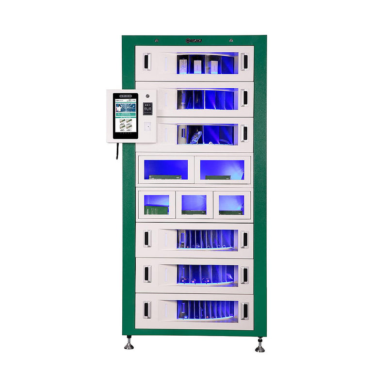 Tủ dụng cụ thông minh dạng xoay SATA 95281: lưu trữ 336 ngăn, nhận diện khuôn mặt, QR, thẻ IC/ID, tối ưu không gian.