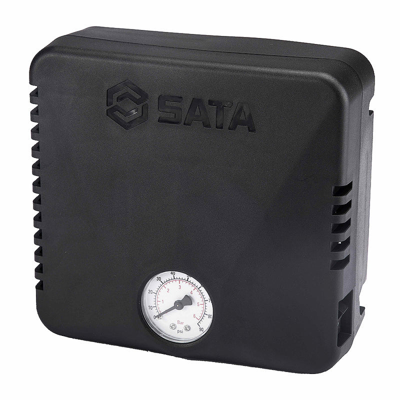 Máy bơm lốp xe SATA 98111 120W màu đen nhỏ gọn, bơm lốp ô tô, xe máy nhanh chóng, áp suất tối đa 6 Bar.