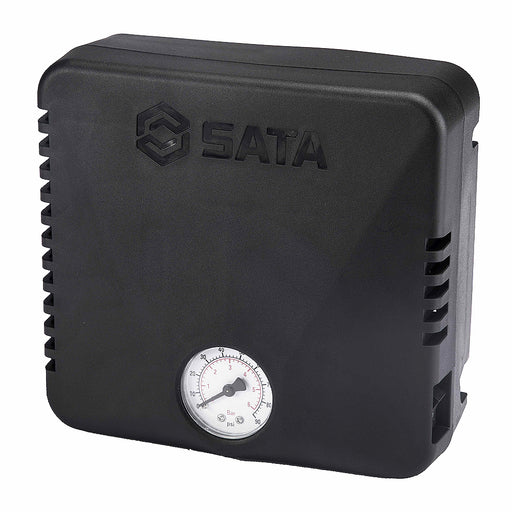Máy bơm lốp xe SATA 98111 120W màu đen nhỏ gọn, bơm lốp ô tô, xe máy nhanh chóng, áp suất tối đa 6 Bar.